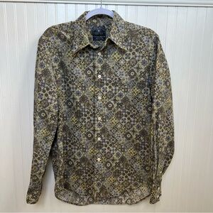 Lucky Brand Dungarees Multi Green & Blue Geometric Print Linen Blend Button Up